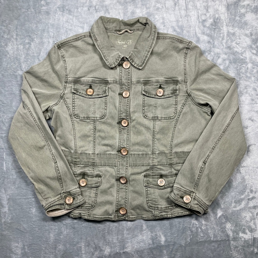 Faded Glory Utility Jacket Womens L 12/14 Olive‎ Drab Button Front Cotton